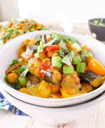 Coconut-Curried Chicken with Roasted Eggplant